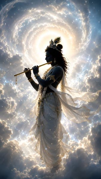 Lord Krishna Playing Flute in Sky