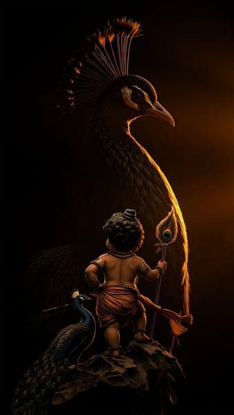 Little Krishna Standing Beside Peacock