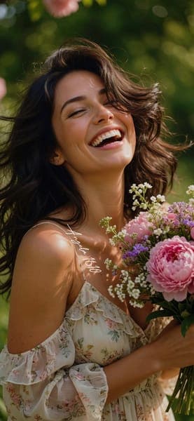 Woman Smiling with Pink Flower Bouquet
