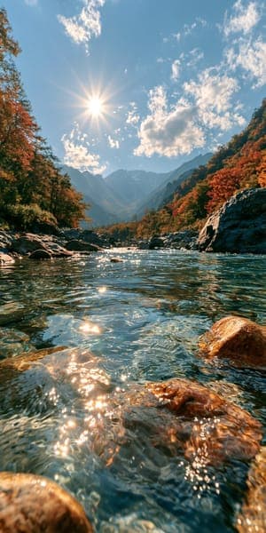 Mountain River Stream in Autumn Sunlight