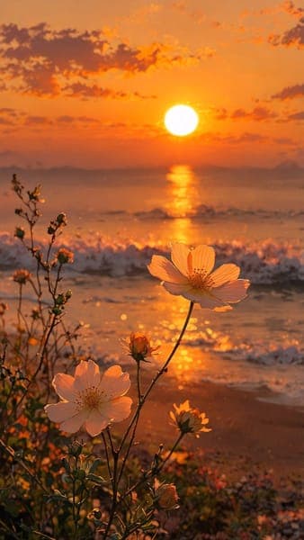 Wildflowers on Beach at Sunset