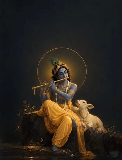 Lord Krishna Playing Flute With Cow