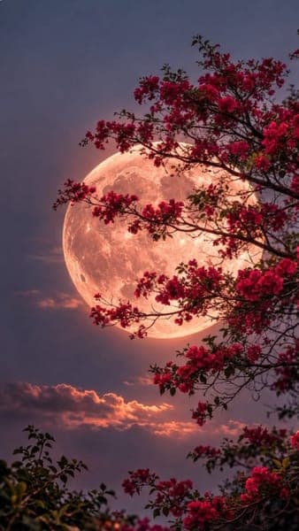 Full Moon Behind Pink Flowers