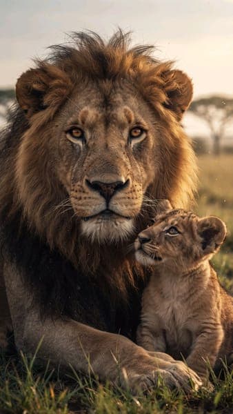 Male Lion Sitting with Cub