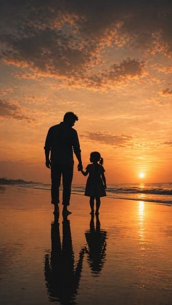 Father and Daughter Walking on Beach Sunset