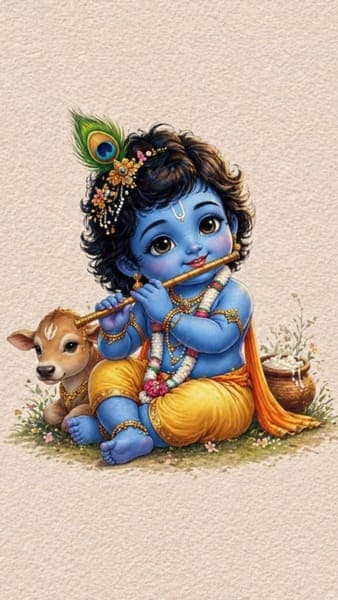 Little Krishna Playing Flute with Calf