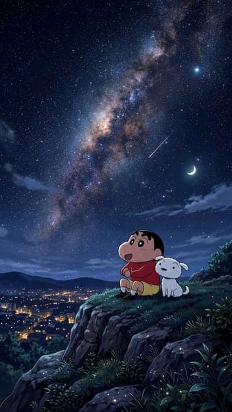 Shinchan and Shiro Under Starry Sky